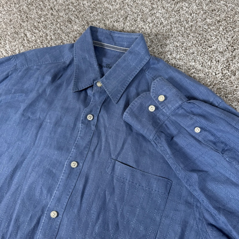 Tommy Bahama Shirt Mens Medium Blue Plaid Windowpane Linen Button Up Long Sleeve